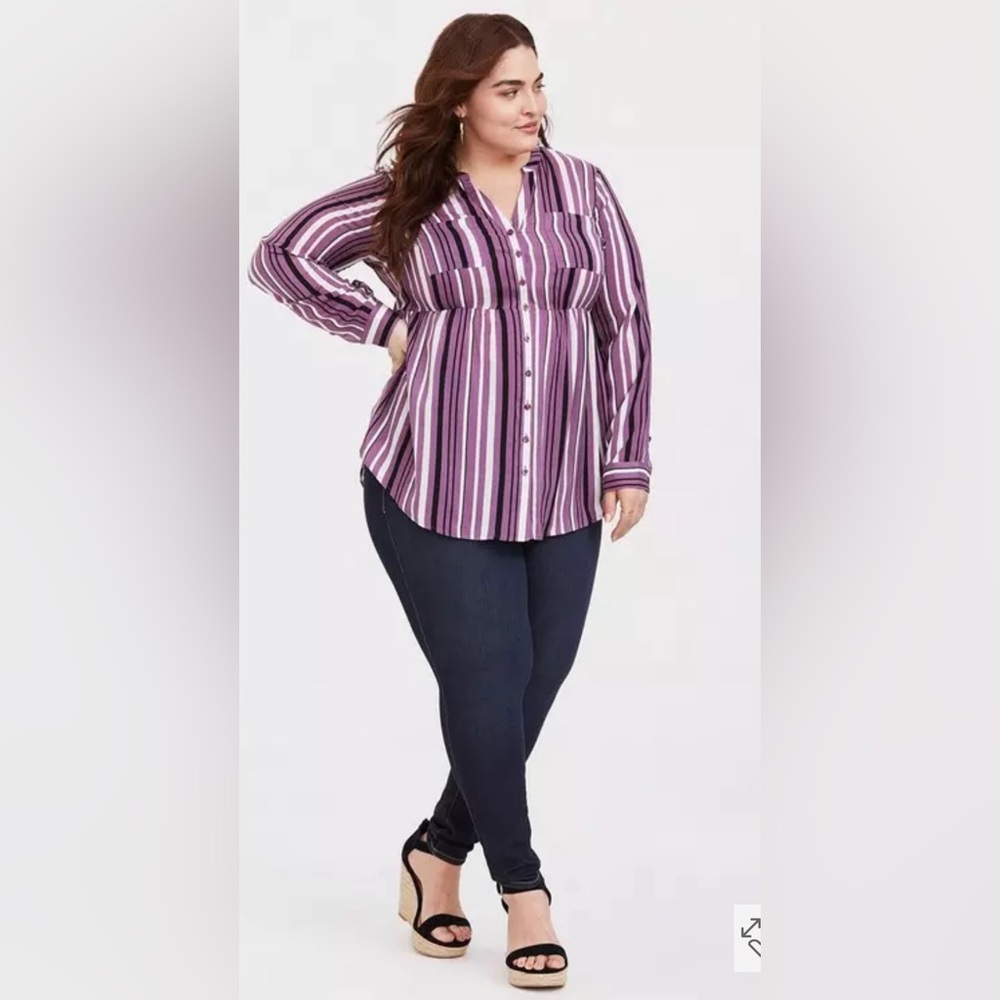 *Torrid Emma Babydoll Twill Button-Front Tunic Top Purple Stripe Size 1  1X